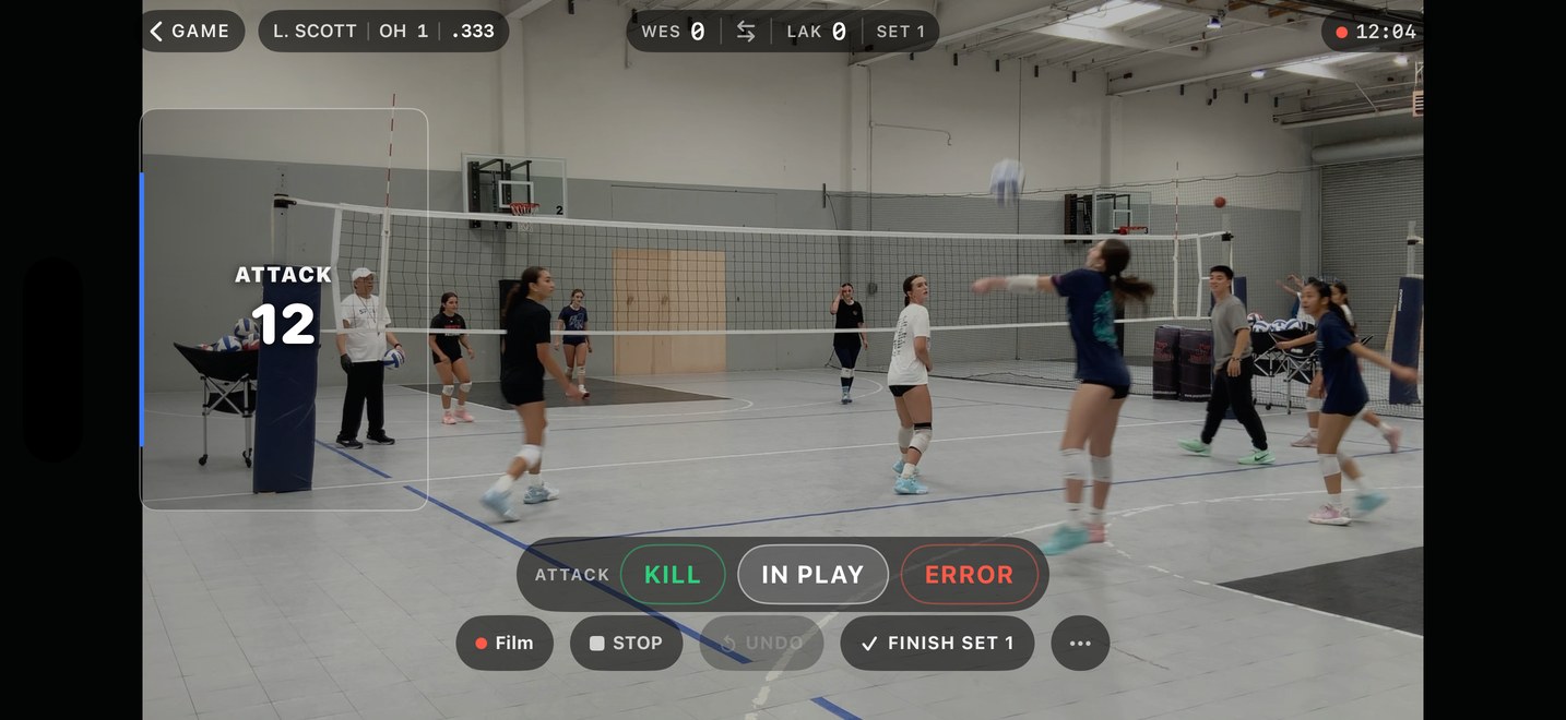 HITTER filming a game on iPhone: the viewfinder with the ATTACK button over the court and the KILL, IN PLAY and ERROR buttons along the bottom