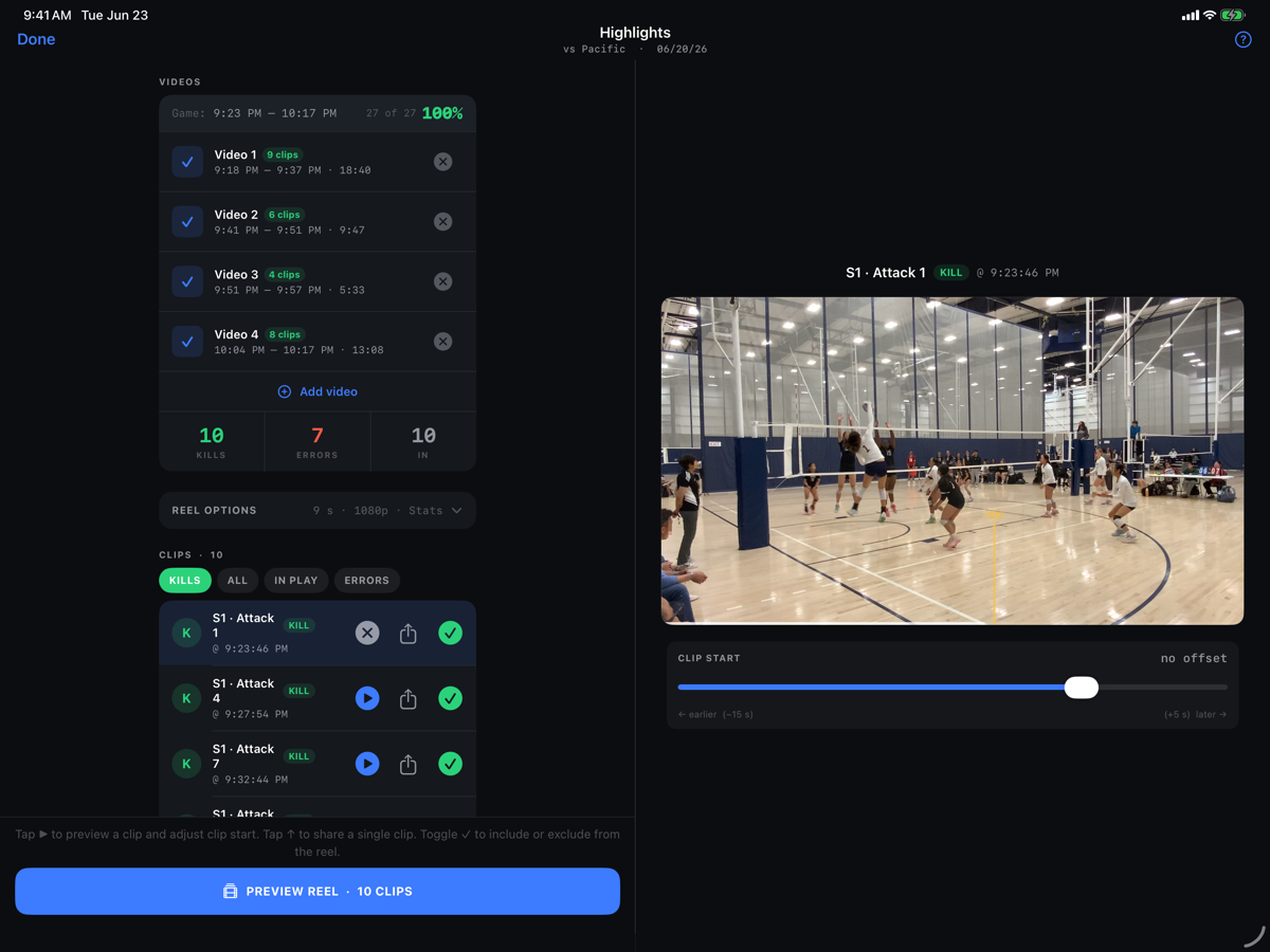 HITTER's two-pane Highlights studio on iPad — clip list beside a large preview