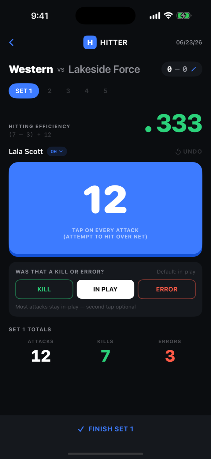 One-tap attack tracking on iPhone with live hitting efficiency
